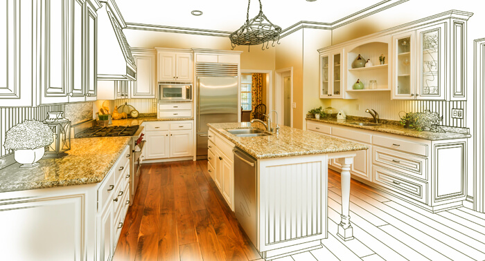 Artistic rendering of a kitchen design.