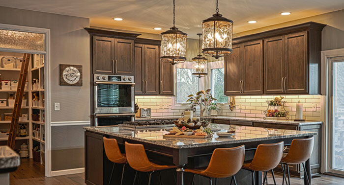 Kitchen with seated bar area.